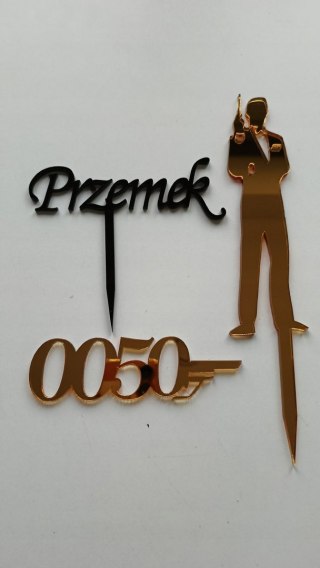 Topper na tort , plexi lustrzany , Bond agent 007 , topper dla faceta
