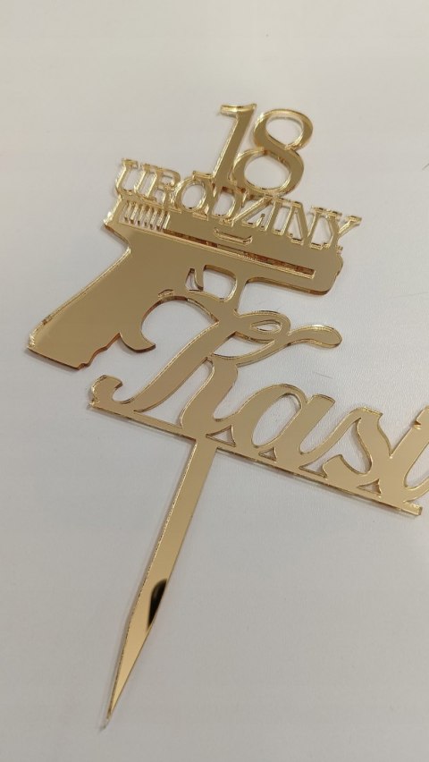 Topper na tort dekoracja plexi lustrzany urodziny pistolet broń