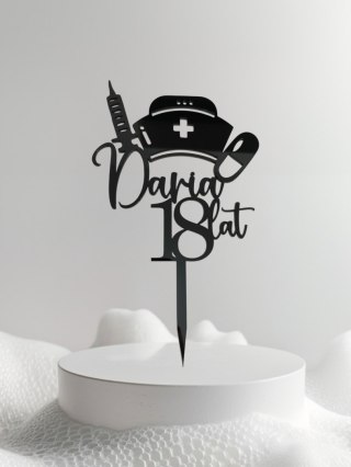 Topper na tort dekoracja urodziny pielęgniarka lekarz pleksa czarna