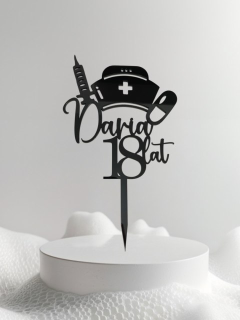 Topper na tort dekoracja urodziny pielęgniarka lekarz pleksa czarna