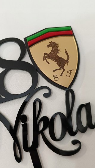 Topper na tort urodzinowy, dekoracja , ferrari , pleksa czarna , imię cyfra