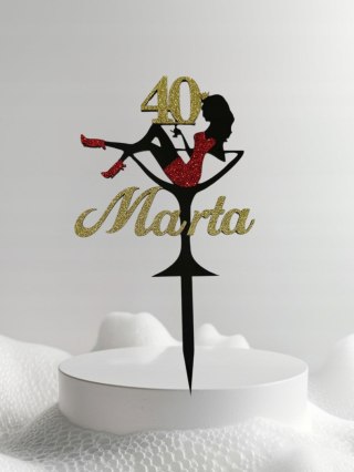 Topper na tort kobieta w kieliszku kobieta na tort cyfra imię brokatowy